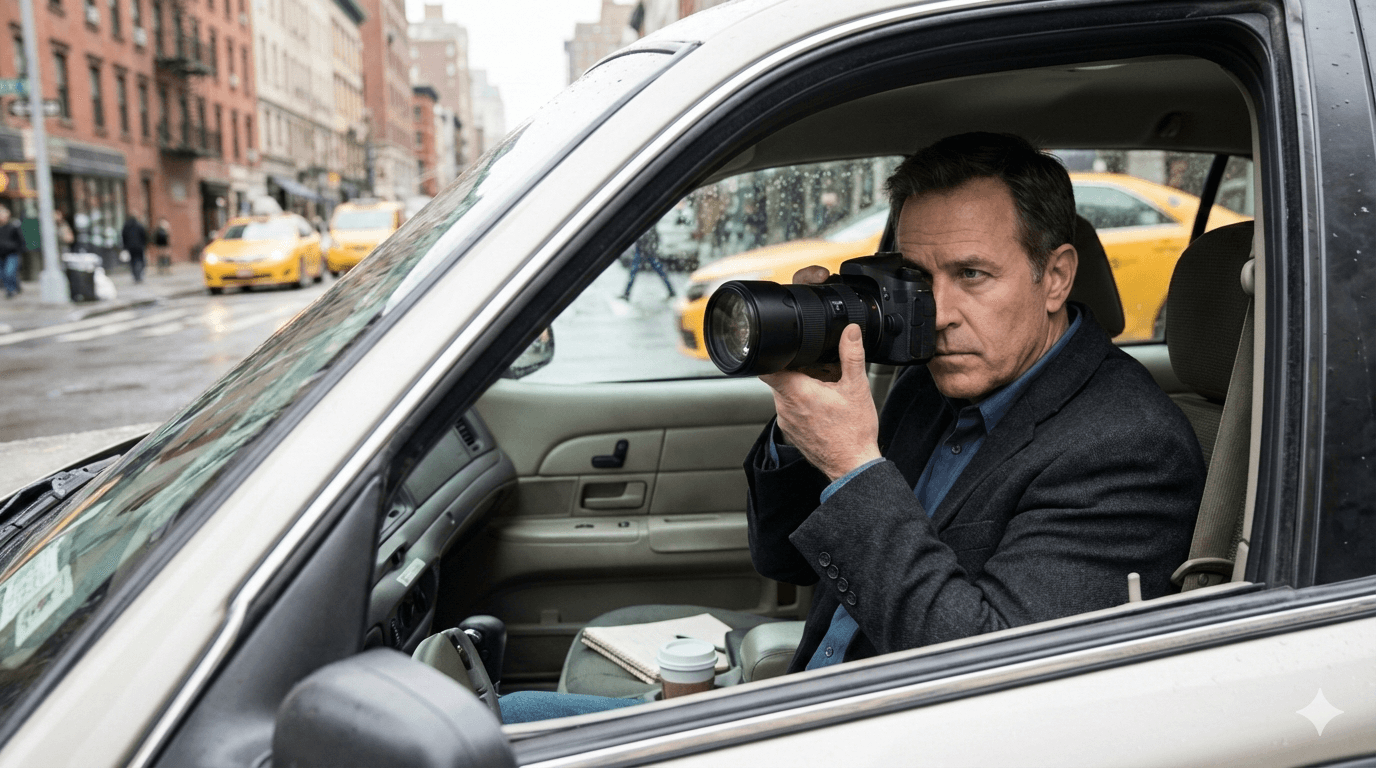 A Picture of a private investigator, in his car, in NY